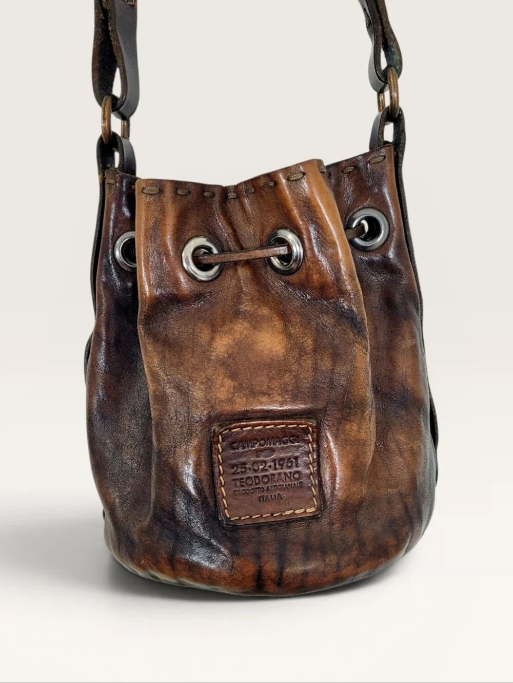 Campomaggi Italian Distressed Cognac Leather Cinch Top Mini Bucket Bag